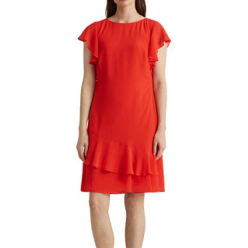Lauren Ralph Lauren black label red Georgette boat neck flutter sleeve dress euc